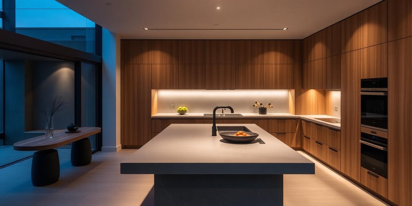 The Oak & Ember — luxury modern kitchen with concrete island and oak cabinetry